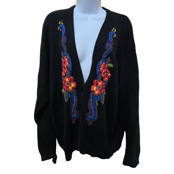 Vintage Floral Embroidered Black Cardigan Sweater whimsygoth grandmacore cottage - Picture 1 of 9